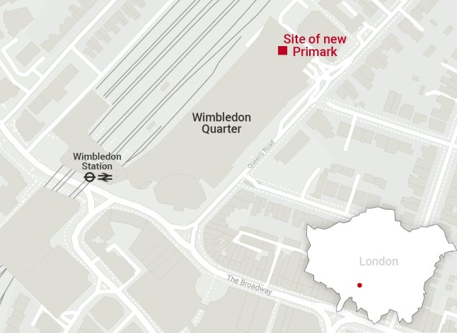 Map showing location of new Primark store in Wimbledon.