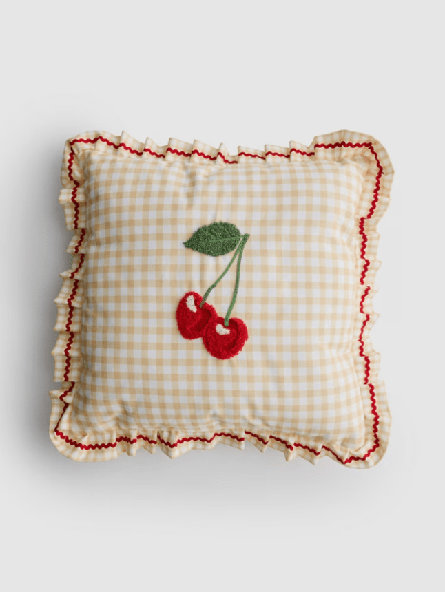 Gingham cushion with cherry embrodery