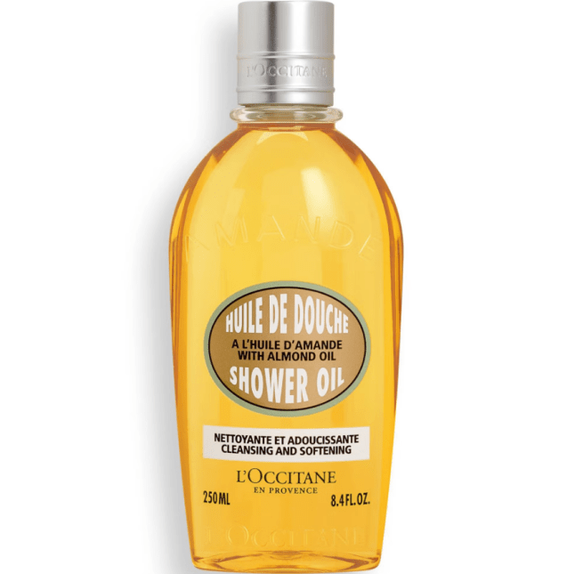 Bottle of shower oil with yellow hue