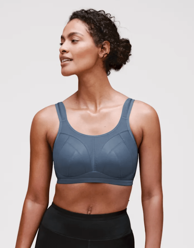 Female wears light blue sports bra