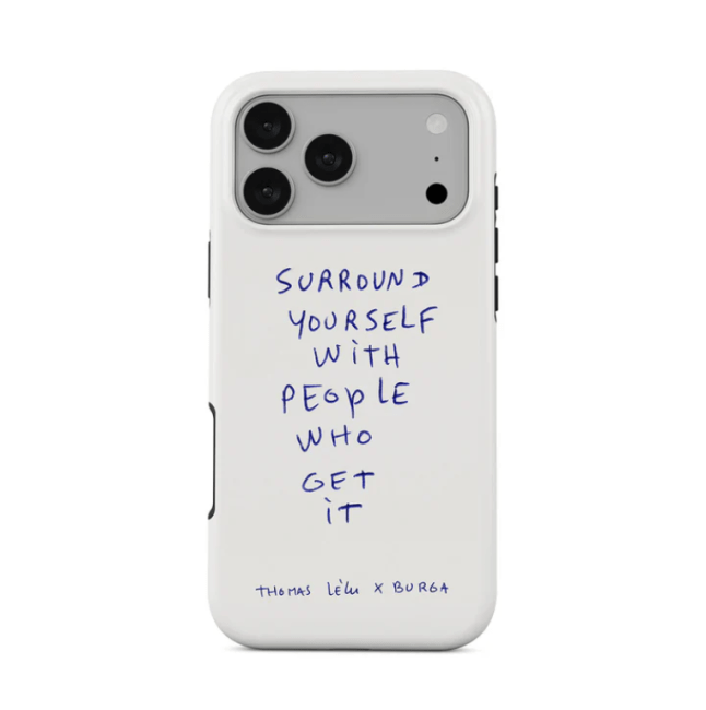 White phone case with blue writing