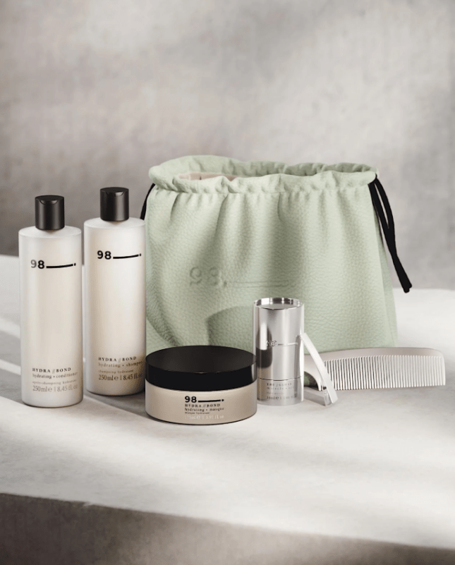Hair care products with little faux leather pouch