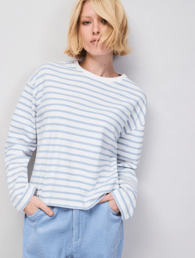 Female wears Blue Stripe Long-Sleeved Organic Cotton T-Shirt