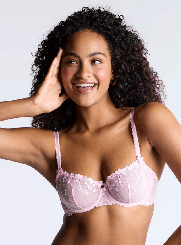 Female wears pink floral bra