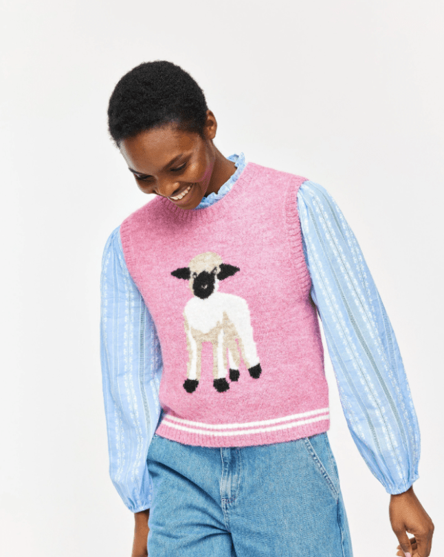 Model wears Oliver Bonas Pink Sheep Knitted Tank Top