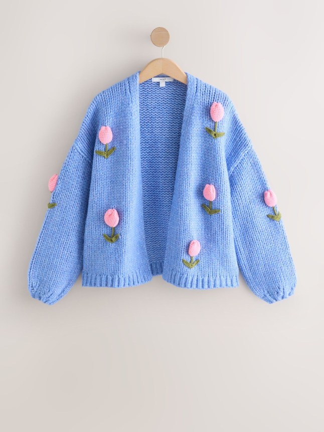 Blue cardigan with tulips on