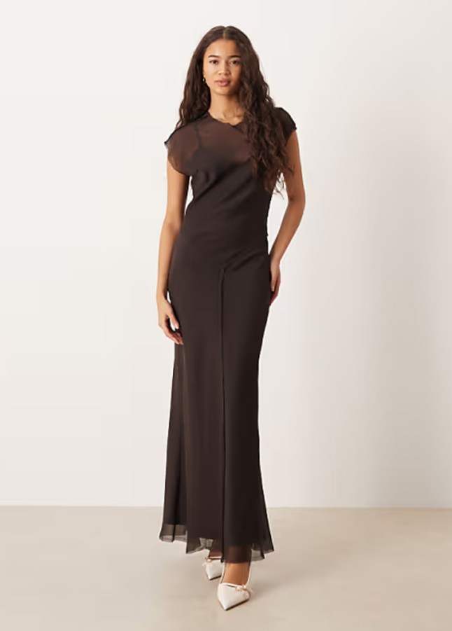 Female wears brown draped dress