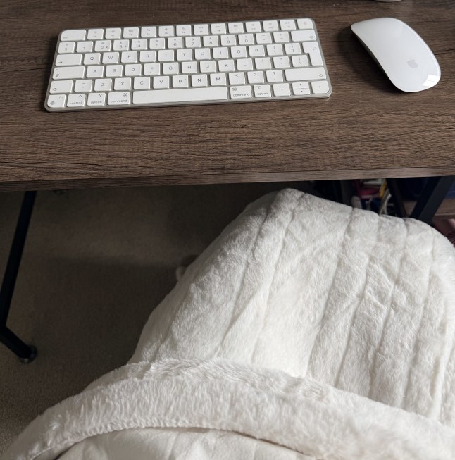Scott working from home at his desk with the Carmen blanket