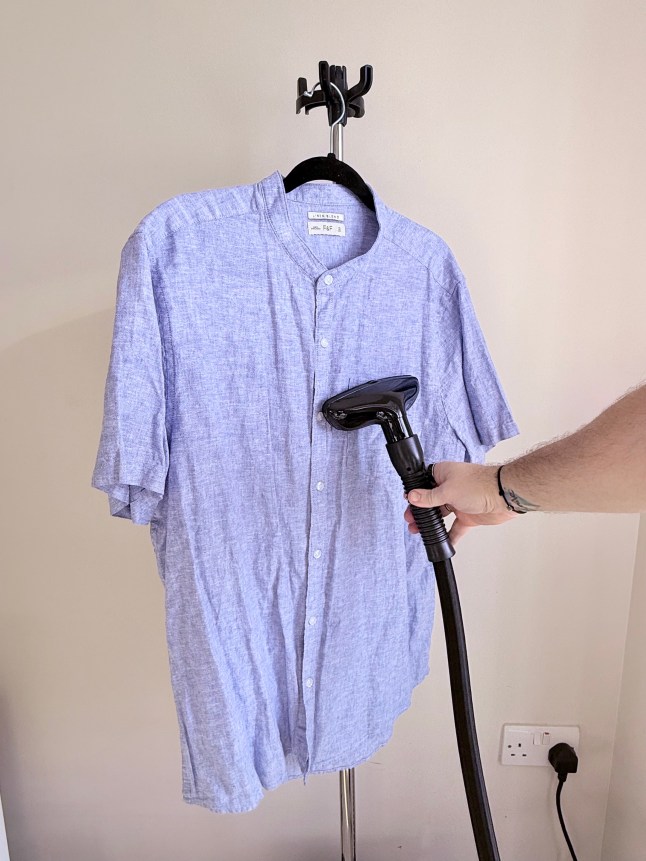Steamer against pale blue shirt