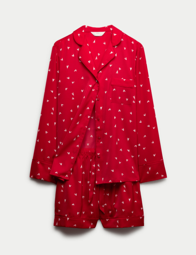 Red pj set with small hearts printed on