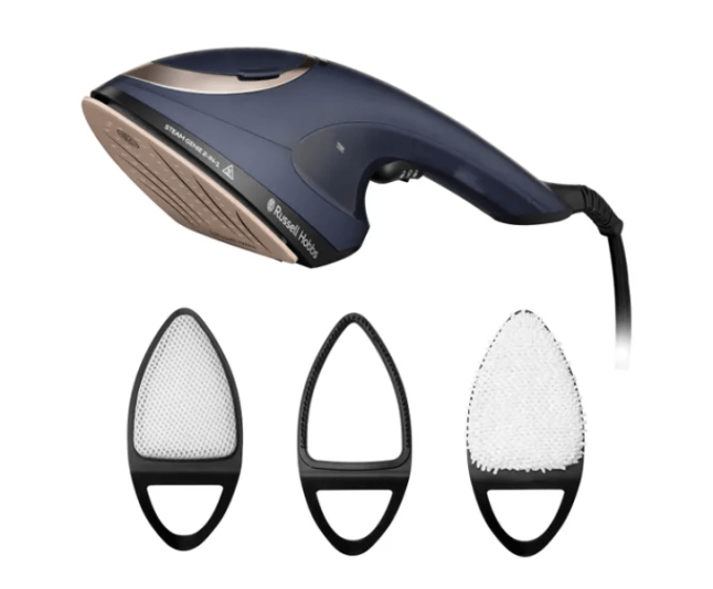 Black hand-held steamer with attachments