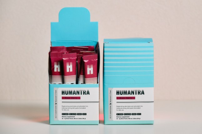 Blue box of dark red packets