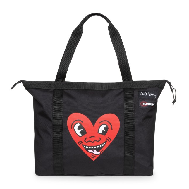 Black bag with heart Keith Haring x Eastpak design across the front