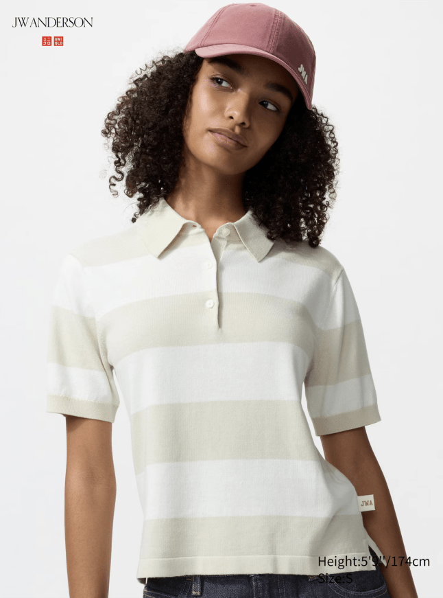 Female wears short polo top